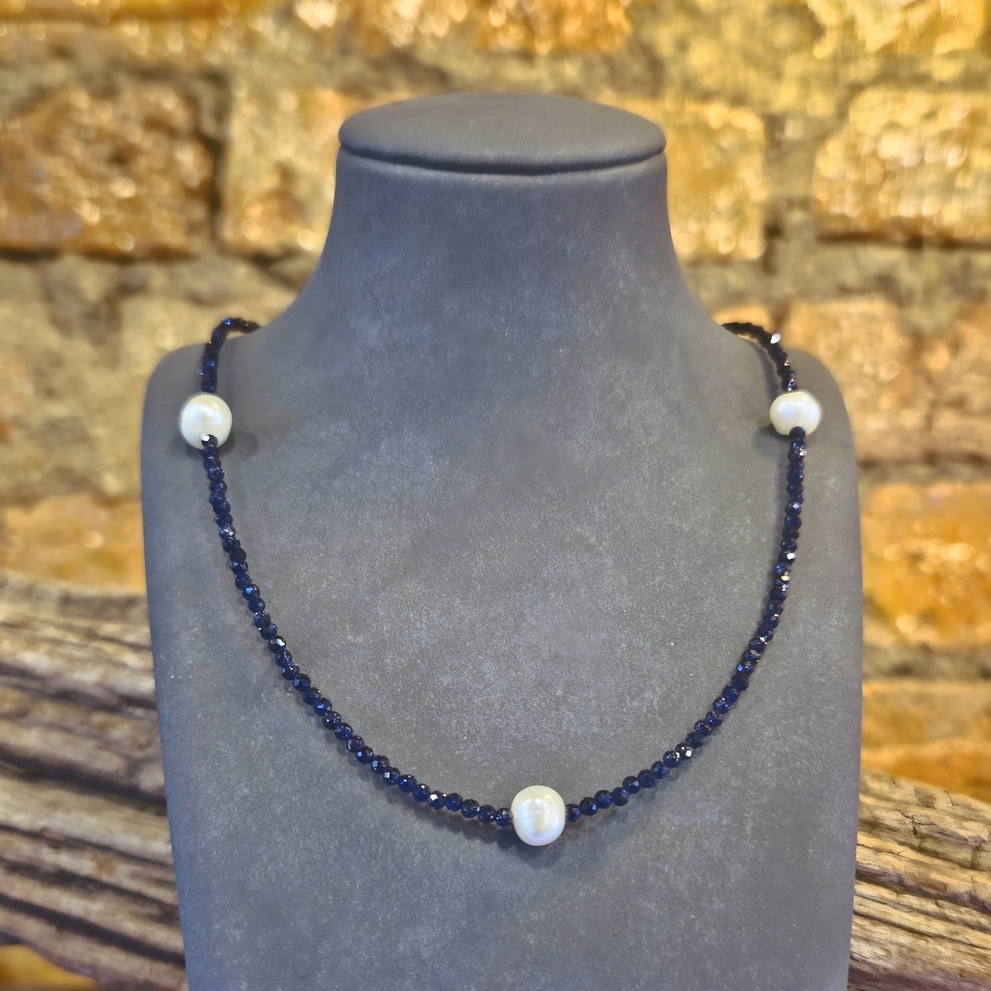 Deep Navy Spinel & Freshwater Pearl Necklace