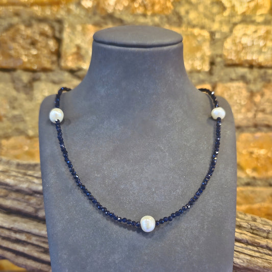 Deep Navy Spinel & Freshwater Pearl Necklace