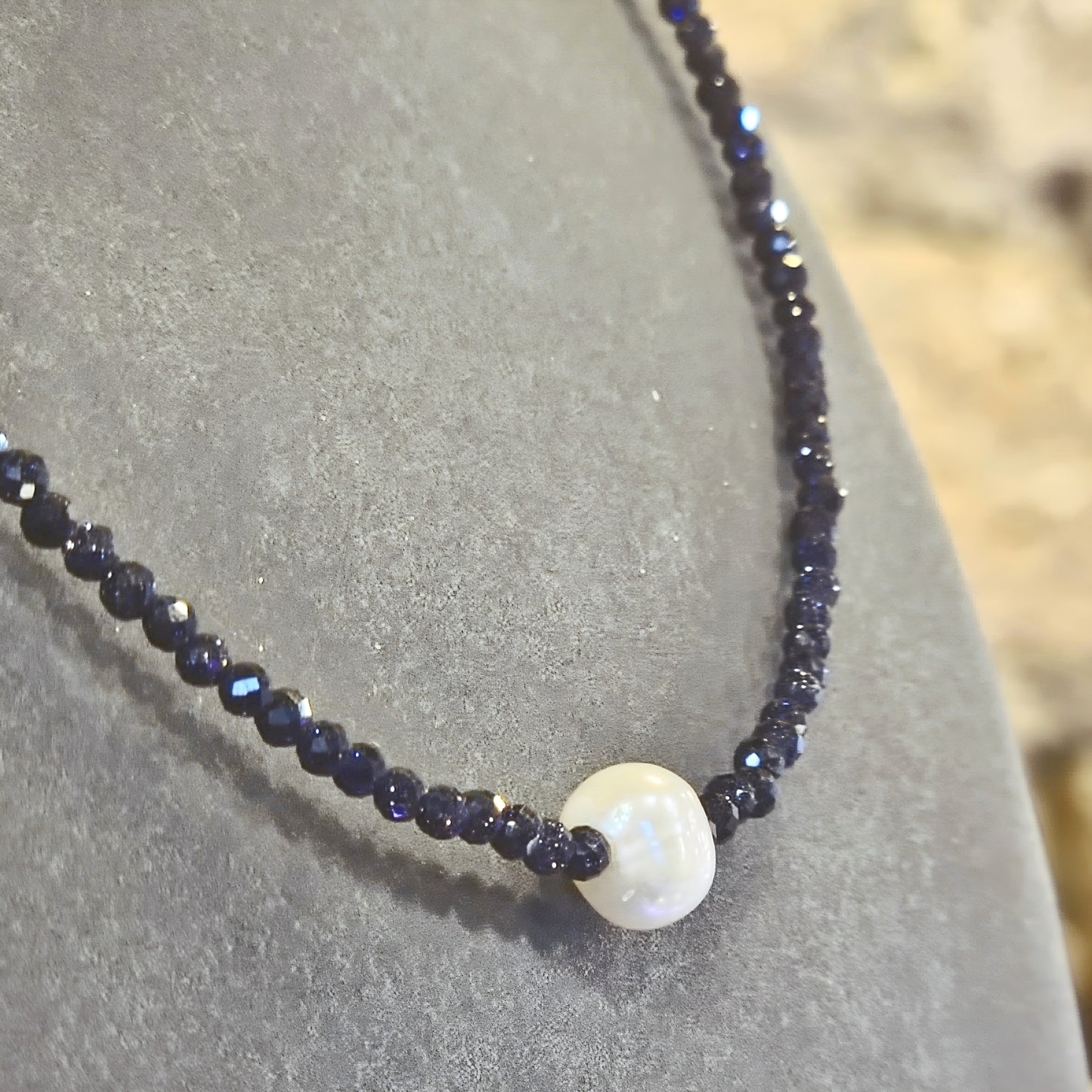 Deep Navy Spinel & Freshwater Pearl Necklace