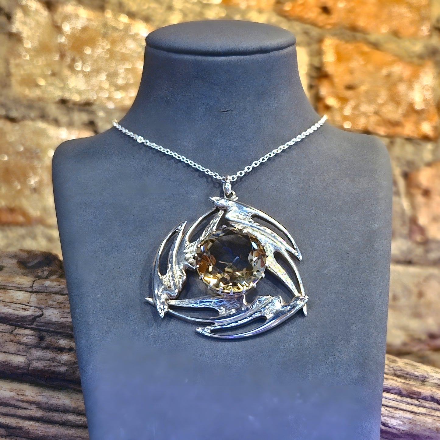 Estate Sterling Silver Pendant with Smokey Quartz & Abstract Design