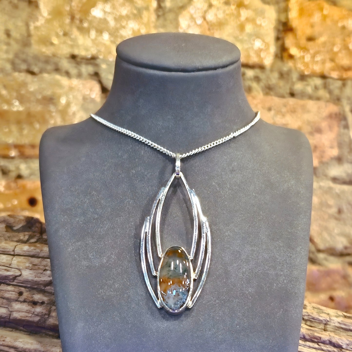 Estate Sterling Silver Pendant with Synthetic Moss Agate