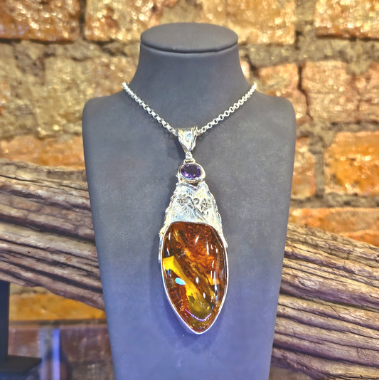 Amber & Amethyst Floral Sterling Silver Pendant