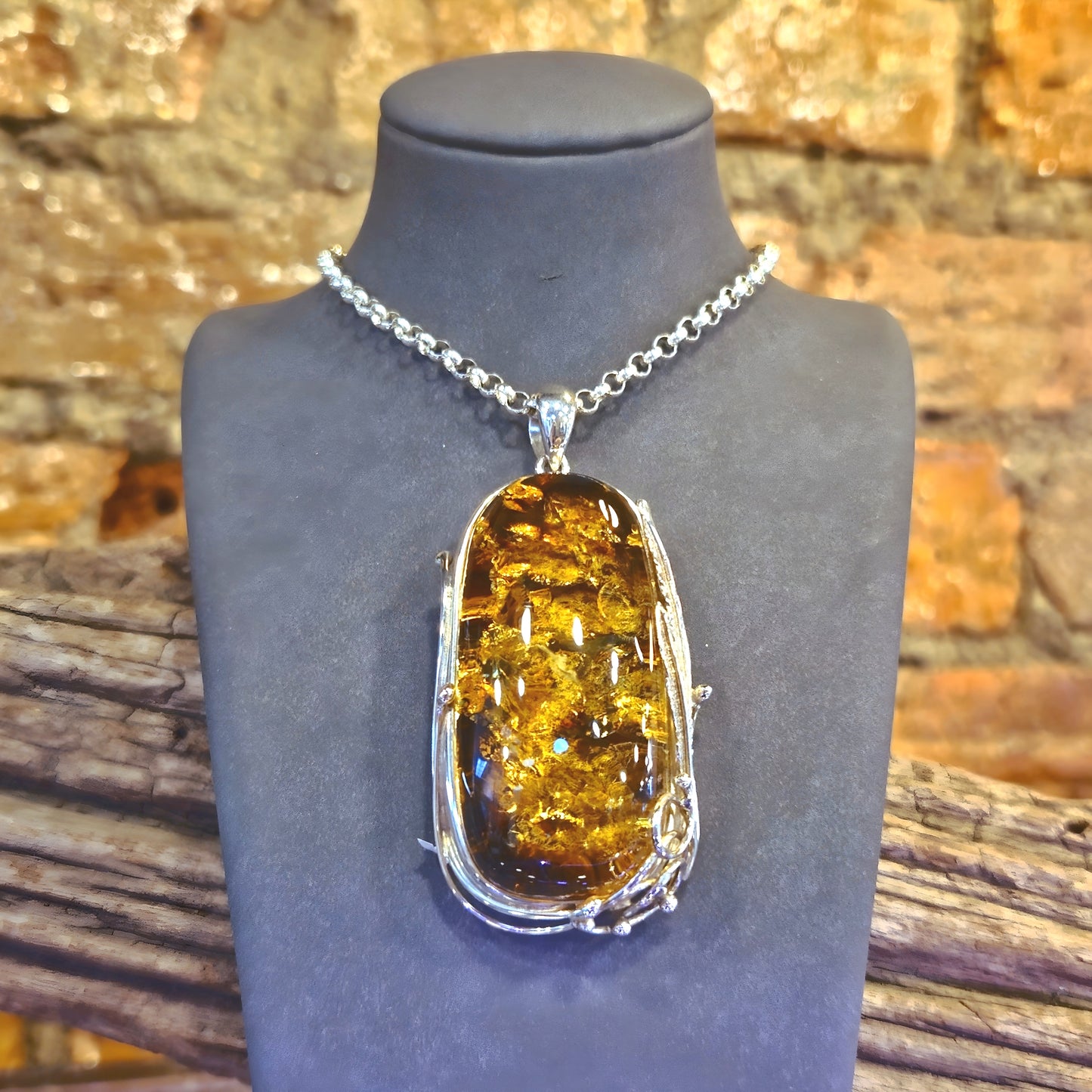 Cognac Amber Feather Pendant