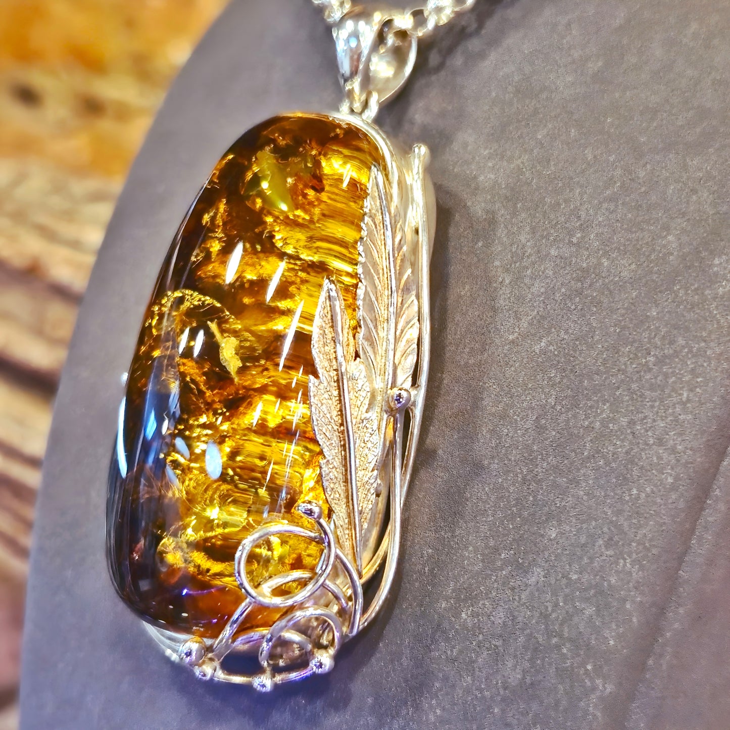 Cognac Amber Feather Pendant