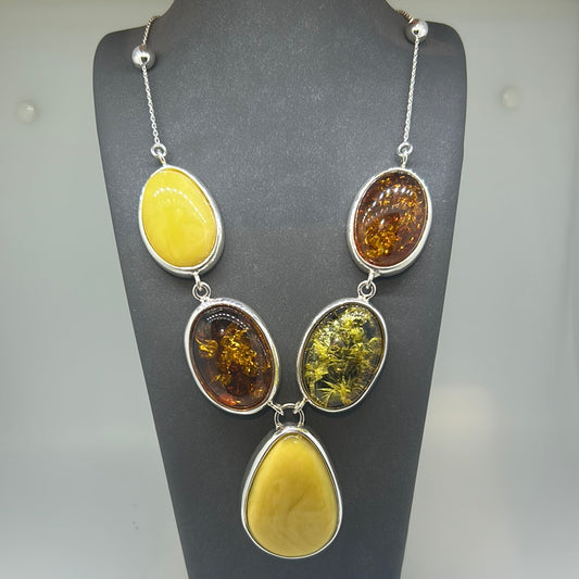 Multi Amber open Bezel with silver balls Necklace