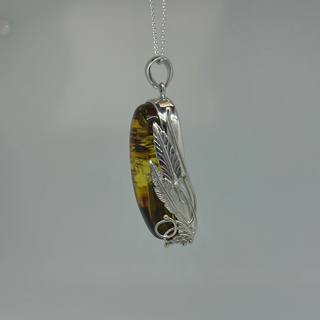 Large Fancy Silver Leaf Amber Pendant