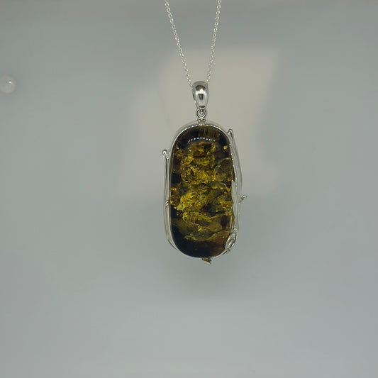 Large Fancy Silver Leaf Amber Pendant